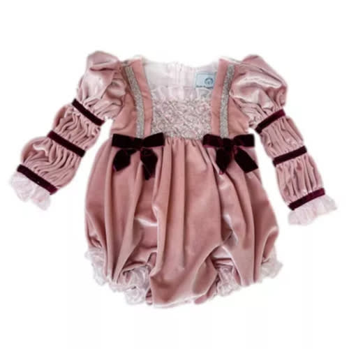 Girls' Juliette Pink Velour Romper with Burgundy Trim and Large Organza Back Bow - Baby, Little Kid
