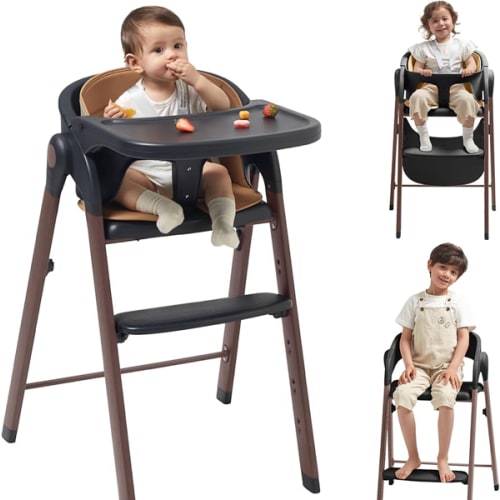 KUB High Chair for Babies and Toddlers Adjustable Foldable Convertible 5 Point Harness Easy Clean Wood-Printed Metal with Removable Tray Baby Highchair for Family (Black&Walnut Wood-Printed Metal)