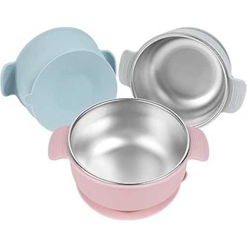 Bella's Friends Stainless Steel and Silicone Baby Bowls with Suction 3 Pack, 4.3” for Toddlers Kids Feeding, Non-Slip, Non-Toxic, Mess-Free, Dishwasher Safe, Fit High Chair Size, light pink blue gray