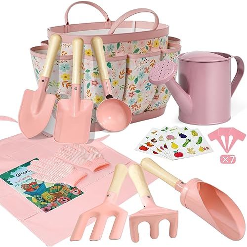 Kids Gardening Set 14Pcs Gardening Tools for Kids with Tote Bag,Watering Can, Shovel, Apron, Garden Book and More Educational STEM Learning Outdoor Indoor for Toddlers Kids Boys Girls