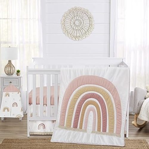 Sweet Jojo Designs Boho Rainbow Baby Girl Nursery Crib Bedding Set - 4 Pieces - Blush Pink Dusty Rose Gold Yellow Mauve Taupe Beige Tan Bohemian Stars Sun Celestial Vintage Sky Macrame Tassel Fringe