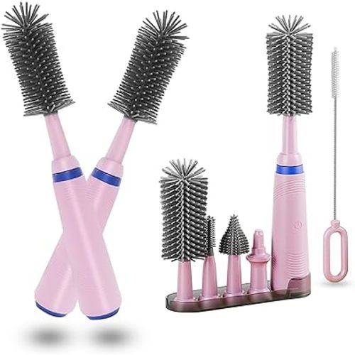 Electric Bottle Brush with Stand and Extendable Handle,Silicone Bottle Brush Set with Water Bottle/Nipple/Straw Brush,Easy-Grip Silicone Handle,Waterproof/Rechargeable Brush, Pink