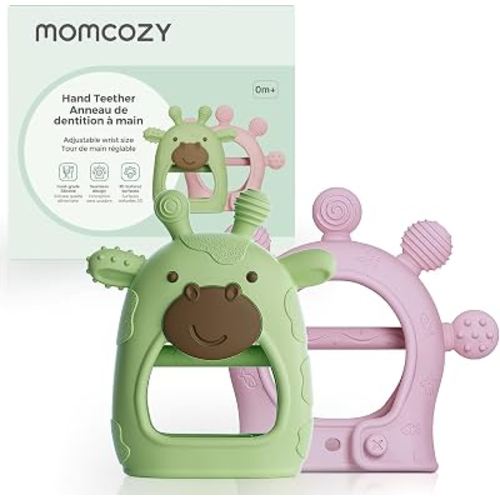 Momcozy Baby Teether Toys | Food Grade Silicone Teething Relief 0-6 Months | | Toy 6-12 Months | Baby Essential | Green and Pink