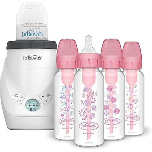 Dr. Brown's Milk Spa Breast Milk & Bottle Warmer with Anti-Colic Options+ Narrow Baby Bottles 8 oz/250 mL, with Level 1 Slow Flow Nipple, 4 Pack, Pink Floral, 0m+