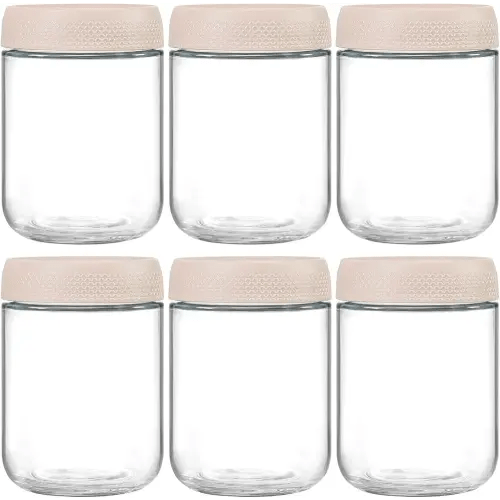 NETANY 6-pack 16oz Glass jars with Airtight Lids, Overnight Oats Containers with Lids, Wide mouth Mason Salad jars, Glass Food Storage Containers for Snacks Yogurt Spice Sugar-Beige