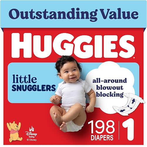 Huggies Little Snugglers Diapers Size 1, 198 Count (6 Packs of 33) | Blowout Protection, Leakproof Protection, Luxury Softness, FastAbsorb System, Hypoallergenic, Fragrance Free