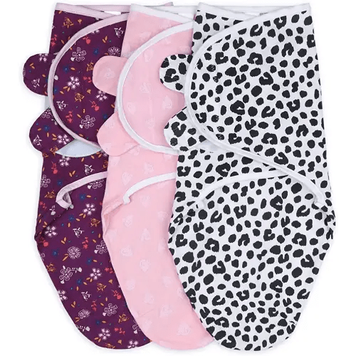 The Peanutshell Swaddle Blankets for Baby Girls, Cheetah & Ditsy Floral, 3 Pack Wrap Set, 2 Sizes (Small/Medium)