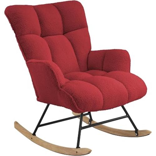 Rocking Chair Nursery Teddy, Upholstered Baby Fluffy Glider Rocker for Adults Indoor, Comfy Sherpa Compact Nursing Chairs for Small Spaces, Living Room, Classroom, Bedroom, Burgundy