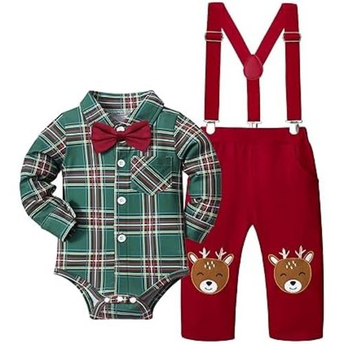 Baby Boy Christmas Outfit My First Christmas Plaid Gentleman Romper + Reindeer Suspender Pants 0-12Months 2Pcs