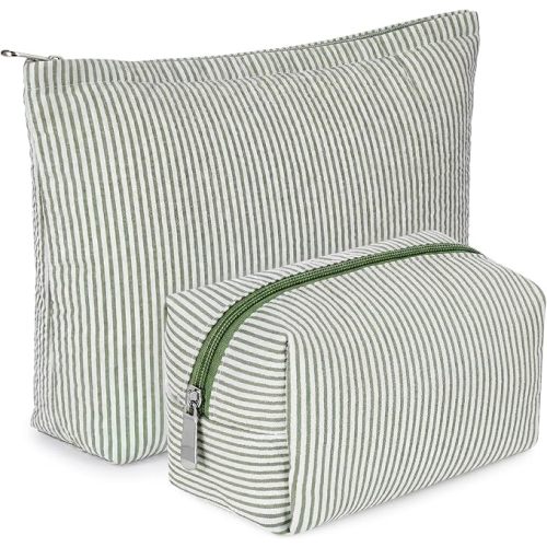 Huhumy 2 Pcs Makeup Bag Set Cute Cosmetic Pouch for Women Seersucker Travel Toiletry Bag Preppy Small Makeup Purse Pouch Aesthetic Skincare Brushes Storage Organizer for Valentine Women(Bean Green)