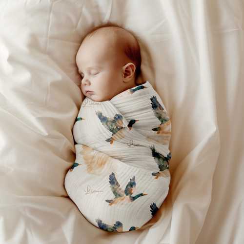 Mallard duck hunting fall bird custom personalized baby blanket, nursery bedding, swaddle hat set, gift for new moms or baby shower