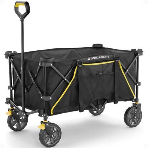 Gorilla Carts Feet Foldable Collapsible Durable All Terrain Utility Pull Beach Wagon with Oversized Bed and Built In Cup Holders