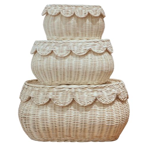 ChumDecor Scalloped Basket Set of 3 – Woven Seagrass Storage Baskets with Lids – Decorative Natural Bins Baskets for Organizing, Boho Home, Shelves, Bathroom Decor
