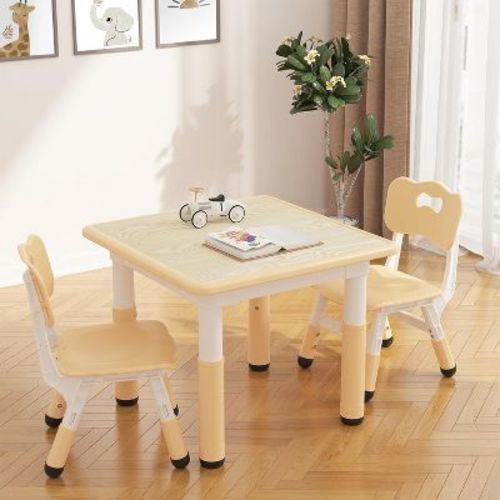 Kids Table and 2 Chairs Set with Particleboard Desktop, Non-Slip Legs, Easy to Wipe, Height Adjustable, Compact Design for Ages 2-10, Beige