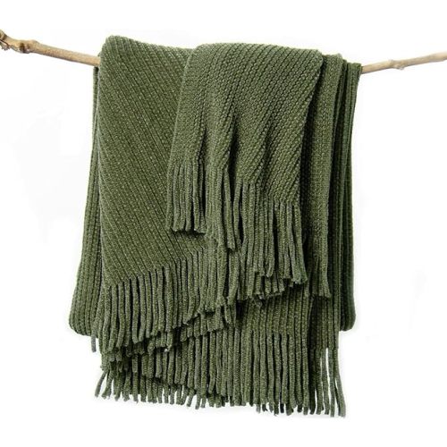 Throw Blanket for Couch, Soft Green Boho Decor Bed Throw,Cozy Knitted Chenille Farmhouse Lightweight Throw(Olive Green,50 * 60")