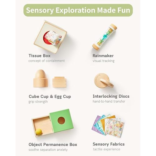 Montessori Baby Toys Kit for Newborn Babies 7-9 Months, Wooden Learning Toddler Play Toy Set with Object Permanence Box Tissue Box, Sensory Fabrics, Interlocking Discs, Rainmaker, Egg and Cube Cup