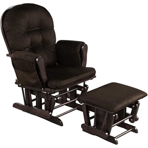 Costzon Nursery Glider with Ottoman, Upholstered Comfort Glider Rocker with Padded Cushion, Storage Pocket, Solid Wood Base, Rocking Chair Nursery for Breastfeeding, Napping (Brown)