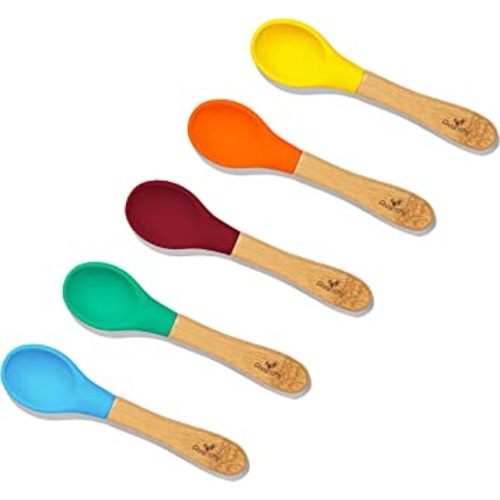 Avanchy Baby Spoons 5 Bamboo and Silicone Set, Self Feeding Food Utensils, 4 Months Baby Led Weaning, 5 Pack W/Blue
