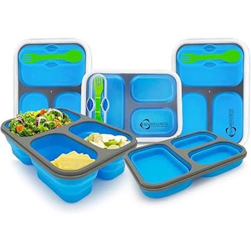 Collapsible Food Storage Container for Meal Prep | 3 Separate Compartments with Clip in Fork & Spoon | Microwave, Dishwasher Safe & BPA Free