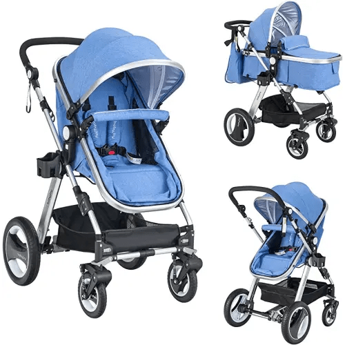 BABY JOY Baby Stroller, 2-in-1 Convertible Bassinet Reclining Stroller, Foldable Pram Carriage with 5-Point Harness, Including Cup Holder, Foot Cover, Diaper Bag, Aluminum Structure, Blue