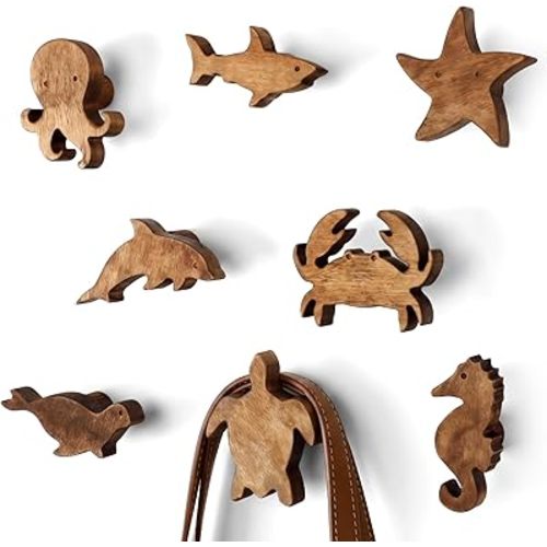 Beeveer 8 Pack Sea Life Kids Coat Hooks Wall Mount Wooden Coat Rack for Kids Room Nursery Wood Wall Hooks for Hanging Hats, Backpacks, Towels, Keys and Clothes