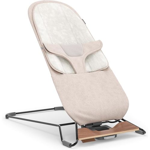 UPPAbaby Mira Bouncer/Portable 2-in-1 Bouncer + Seat Grows With Your Baby/GREENGuard Gold, JPMA + FSC certified/Cozy Seat Liner + Storage Bag Included/Charlie (Sand Mélange/Black Chrome/Walnut Wood)