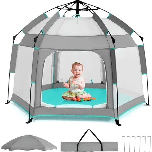 Baby Playpen with Canopy, Portable Baby Beach Tent, Toddler Play Yard Indoor and Outdoor, Foldable Mosquito Net for Infant - Grey