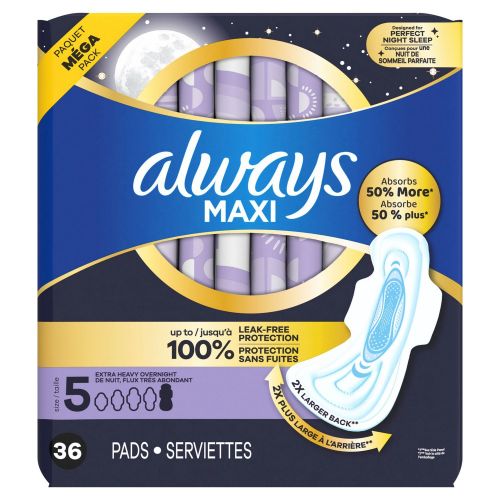 Always Size 5 Maxi Pads with Wings, Unscented, Extra Heavy Overnight, 36 CT, 20 CT