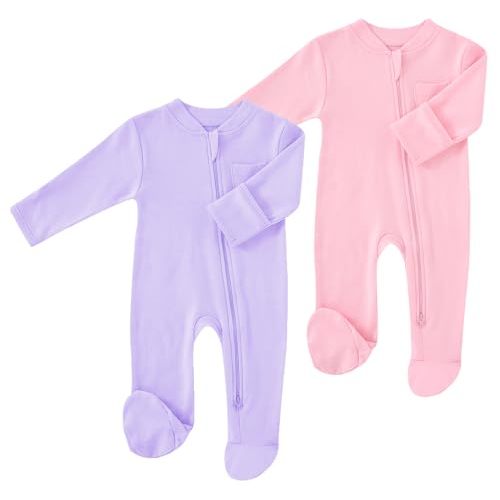 HahaNice Baby 2 Way Zipper Girls Boys 100% Cotton Footed Sleep and Play with Mitten Cuffs 0-12 Months