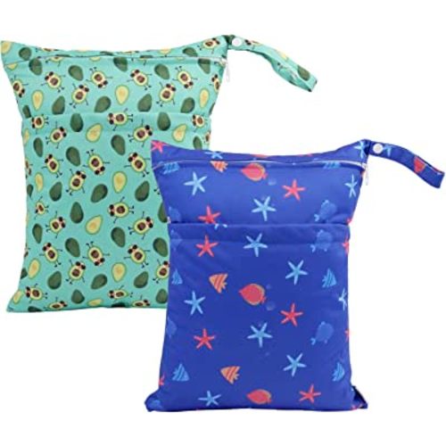 ALVABABY 2pcs Cloth Diaper Wet Dry Bags Waterproof Reusable with Two Zippered Pockets Travel Beach Pool Daycare Soiled Baby Items Yoga Gym Bag for Swimsuits or Wet Clothes LZX4344