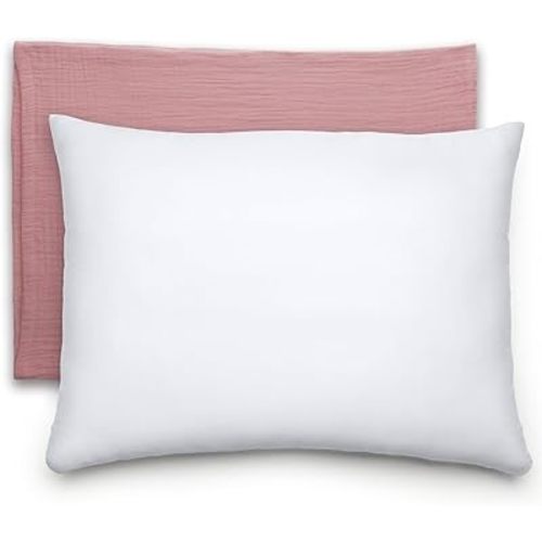 Comfy Cubs Toddler Pillow with Muslin Pillowcase, 13 x 18 in - Travel and Sleep Support for Kids - Lightweight, Breathable Microfiber Fill - Soft and Cozy Small Pillow for Toddlers - Mauve