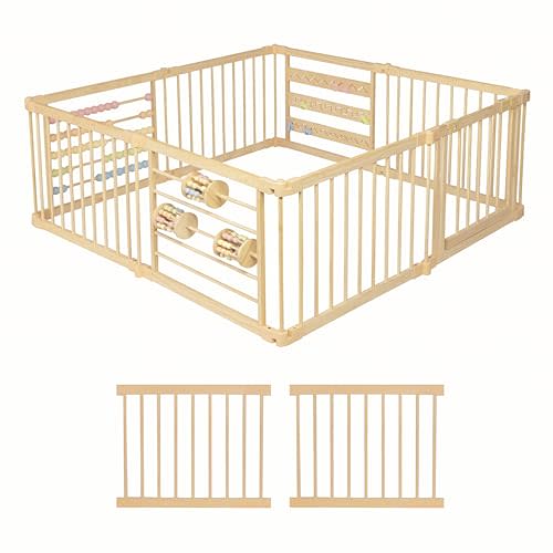 Wooden Playpen Extra Large for Toddlers and Babies - 3 Theme Toy Design - (8/10) Wood Panels - Foldable and Adjustable Baby playpen - Extra Large Baby playpen