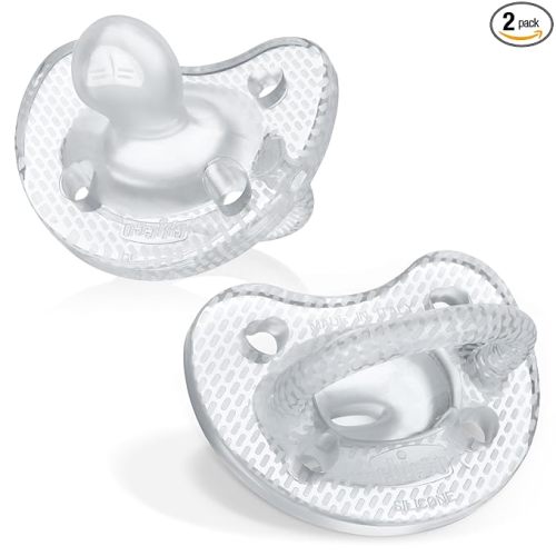 Chicco PhysioForma Luxe Orthodontic Pacifier for Babies 6-16 Months, One-Piece 100% Soft Silicone, Supports Breathing, Textured Shield & Handle, Sterilizing Case, BPA Free, 2-Pack, Crystal