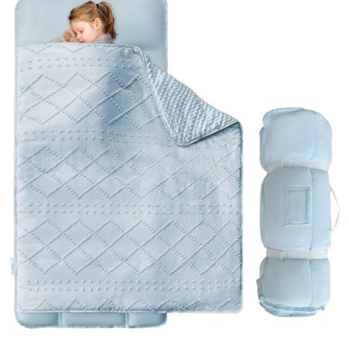 Blue Tufted Toddler Nap Mats for Preschool Daycare Jacquard Tufts Kids Sleeping Mats Toddler Slumber Bag Nap Pad with Removable Pillow for Girls Boys Kindergarten Sleepovers Travel and Camping