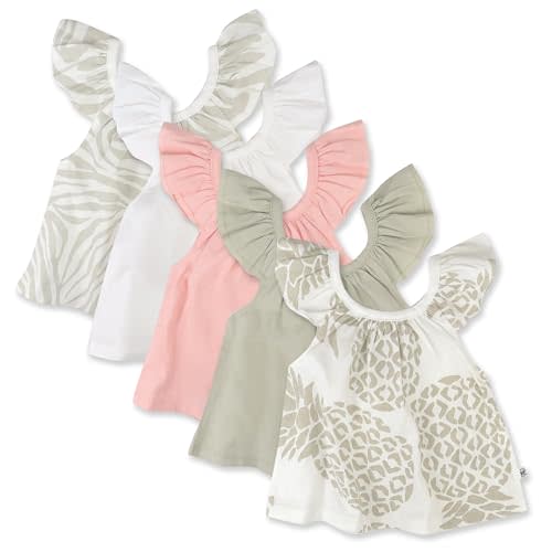 HonestBaby Baby Girls 5-pack Cami Tops Sleeveless T-shirts 100% Organic Cotton for Infant and Toddler Baby Girls