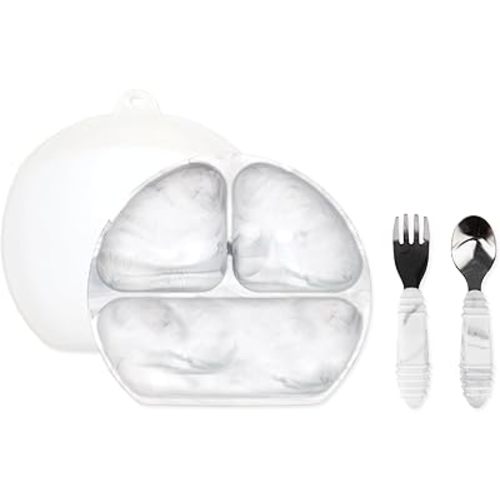 Bumkins Silicone Grip Dish 3-Section, Fork and Spoon & Silicone Lid, Marble
