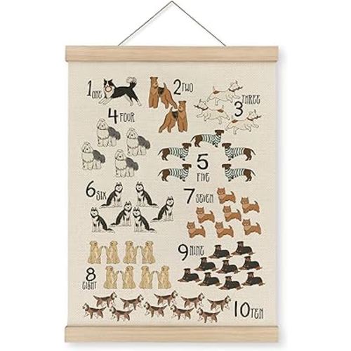 MAQIKA Numbers Poster Framed with Wood Hanger, Playroom Wall Decor, Nursery Wall Decor, Animal Hanging Wall Decor, Alphabet Numbers Canvas Wall Art for Classroom Kids Room Toddlers Room 12x16 Inch