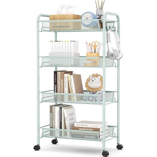 TOOLF 4-Tier Rolling Cart, Metal Utility Cart with 3 Hooks, Easy Assemble Mobile Storage Trolley On Wheels, Metal Shelving Units Kitchen Bathroom Laundry Room