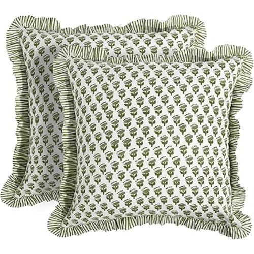 CPC Emerald Green Ruffle Throw Pillow Covers for Couch, 20x20 Inch Cotton Stripe Ruffle Couch Pillows for Living Room, Hidden 16 Inch Zipper Boho Pillow Case or Cute Outdoor Pillows