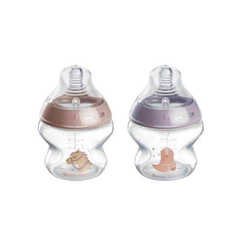 Tommee Tippee Natural Start Baby Bottles for 0m+, Pack of 2, 5oz Baby Bottles, with Slow Flow Breast-Like Nipple for a Natural latch, Self-sterilizing and BPA Free, Decorated