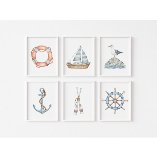 Set of 6 Baby Boy Nautical Nursery Wall Art