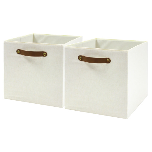 Better Homes & Gardens Fabric Cube Storage Bins (12.75" x 12.75"), Vanilla with Leather Handle, 2 Pack