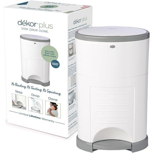 Diaper Dekor Plus Hands-Free Diaper Pail | White | Easiest to Use | Just Step–Drop–Done | Doesn’t Absorb Odors | 20 Second Bag Change | Most Economical Refill System | Great for Cloth Diapers