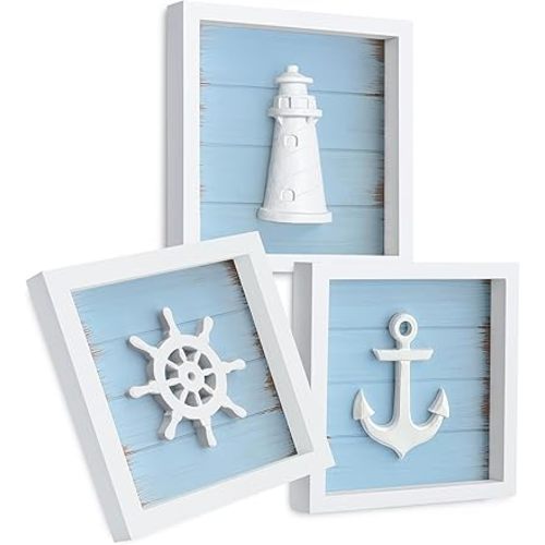 Tide and Tales Nautical Wall Decor (Framed Set of 3) with Anchor, Lighthouse & Ship Wheel, 3D Coastal Beach Decor Wall Art for Bathroom or Bedroom – Ocean Themed Nautical Decoration for Home (7"x7")