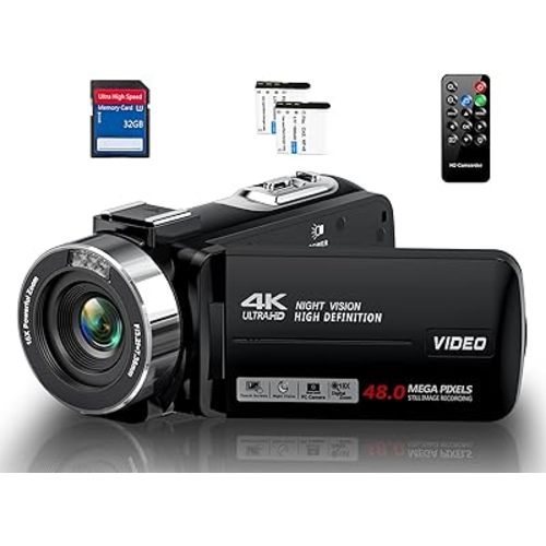 Video Camera Camcorder 4K 48MP 30FPS with IR Night Vision,18X Digital Zoom Camera Recorder 3.0" LCD Touch Screen Vlogging Camera for YouTube with Controller, 32GB SD Card, 2 Batteries