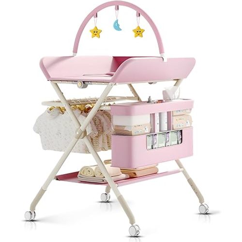 Foldable Portable Changing Table for Baby,Upgraded Style Baby Portable Diaper Changing Station with Wheels,Nursery Five Level Adjustable Height Changing Table with Organizer Storage(Pink)
