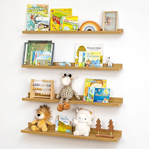 Picture Ledge Shelf for Wall, 36 inch Nursery Book Shelves 4 Packs, Floating Ledge Shelves for Kid's Room Bedroom Bathroom Living Room Photo Frames Office Nursery Wall Decor, Natural Oak