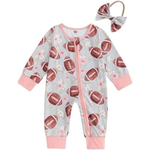 baby girl football outfit long sleeve floral romper zipped jumpsuit newborn infant game day fall clothes