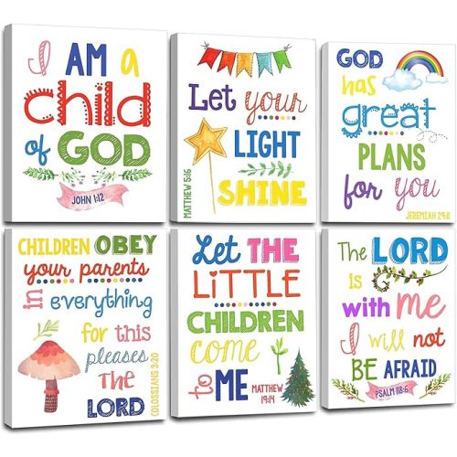 Sunday School Decorations for Classroom, Framed Bible Verse Wall Decor for Kids Room, Christian Religious Wall Art Canvas for Nursery Playroom Bedroom (Set of 6, 8X10in, Framed)