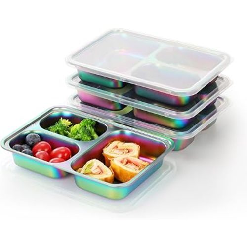 AIEVE Stainless Steel Kids Plates, 4 Pack Stainless Steel Portion Control Plate with Lids for Toddler 3 Compartment Non-Toxic (Rainbow)